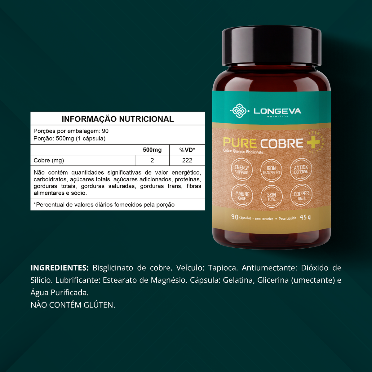 LONGEVA | Pure Cobre Quelado (90 Cápsulas)