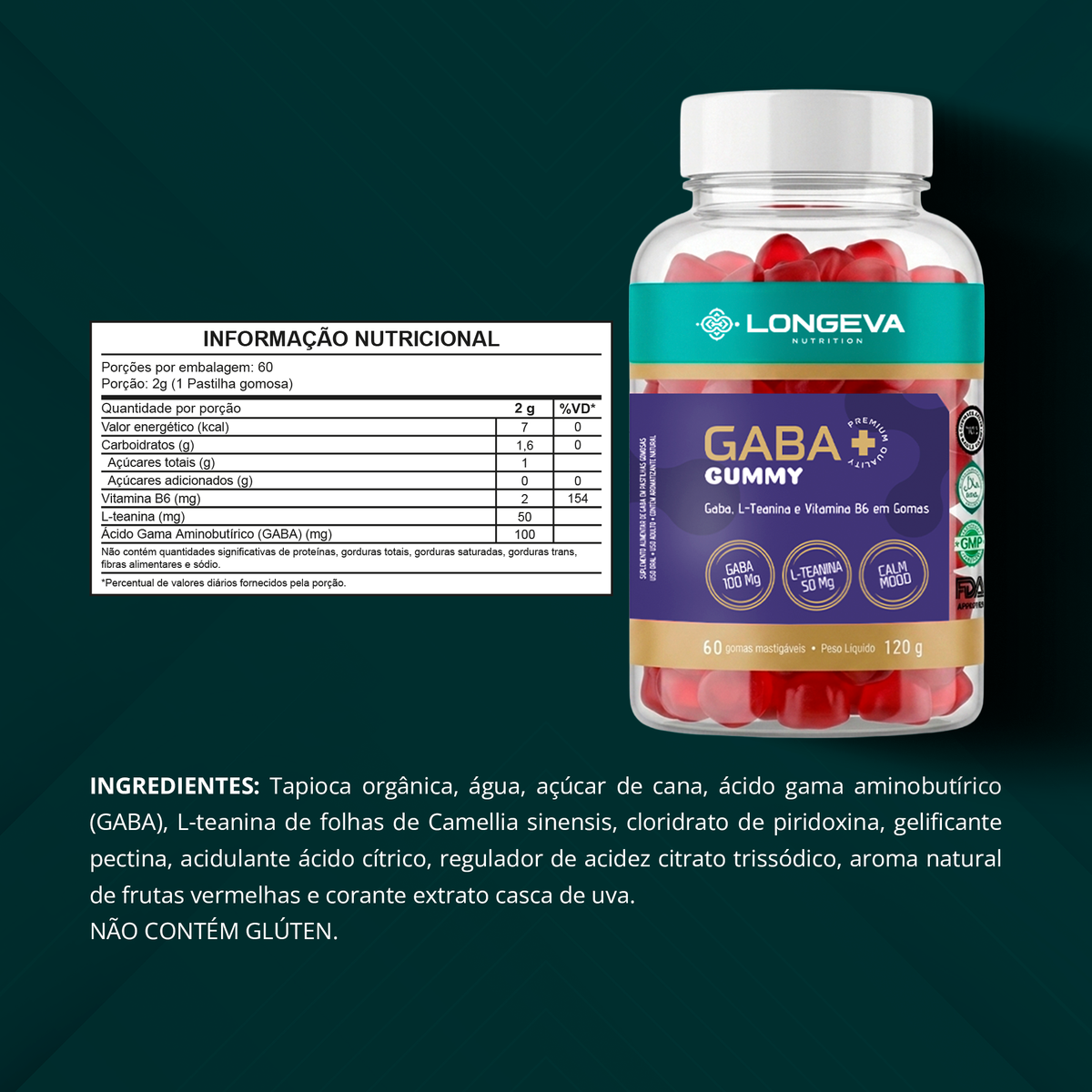 LONGEVA | GABA Gummy com Teanina e B6 (60 Gomas)