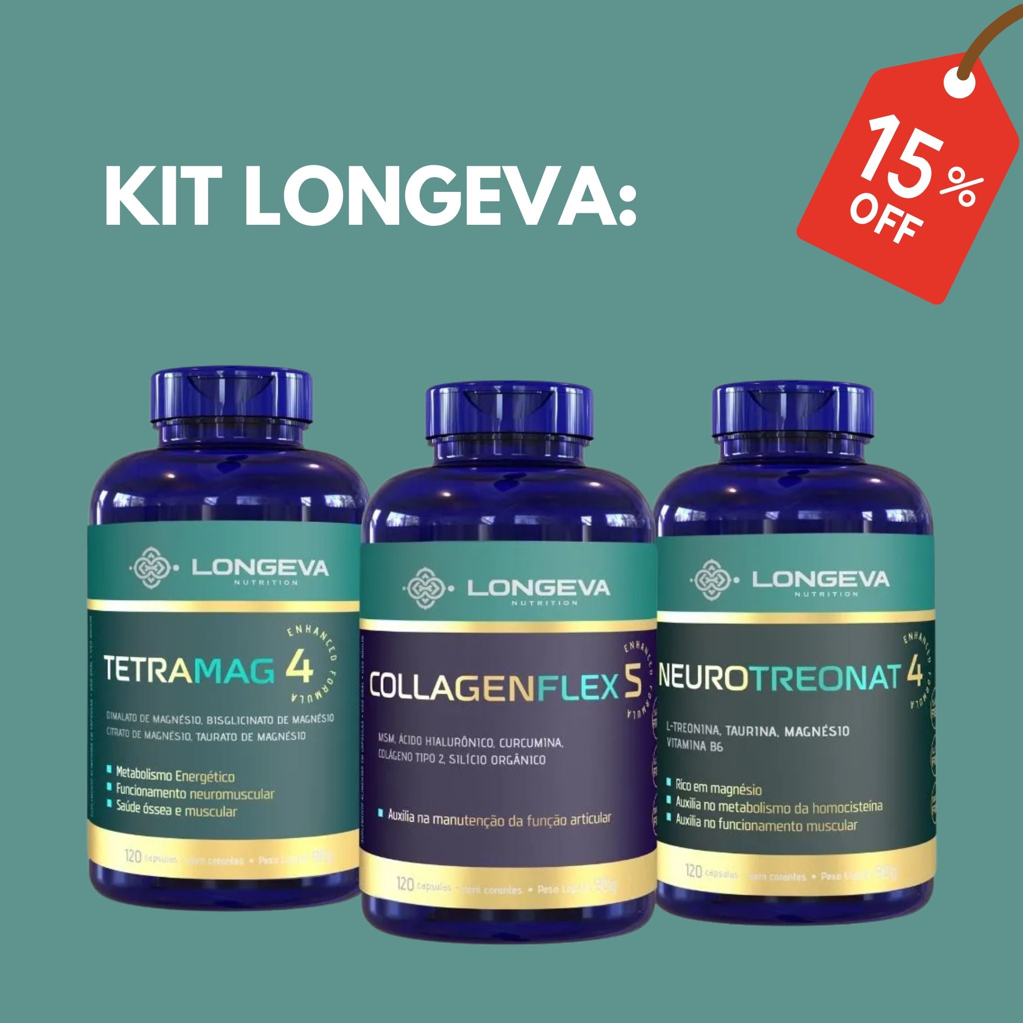 Kit Longeva: 1 Tetra Mag + 1 Neuro Treonat + 1 Collagen Flex
