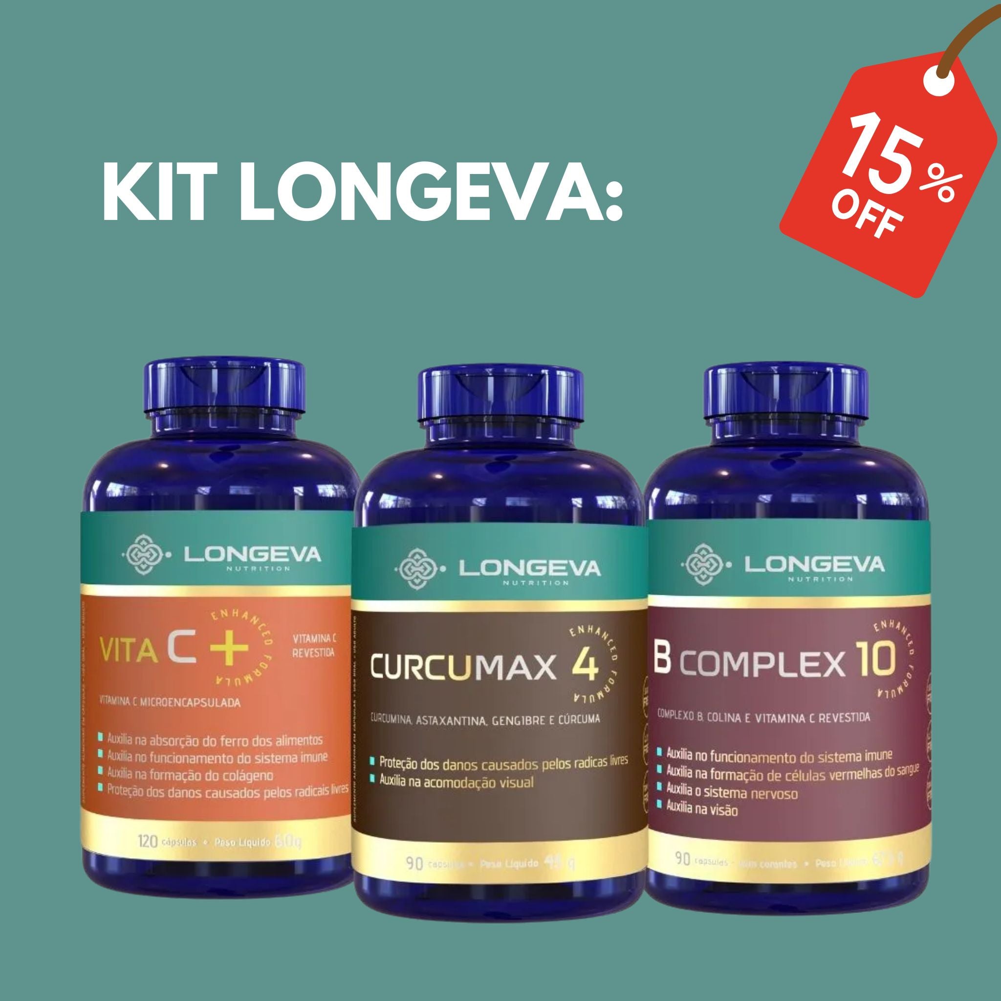 Kit Longeva: 1 Vitamina C Micronizada + 1 Curcumax + 1 Complexo B