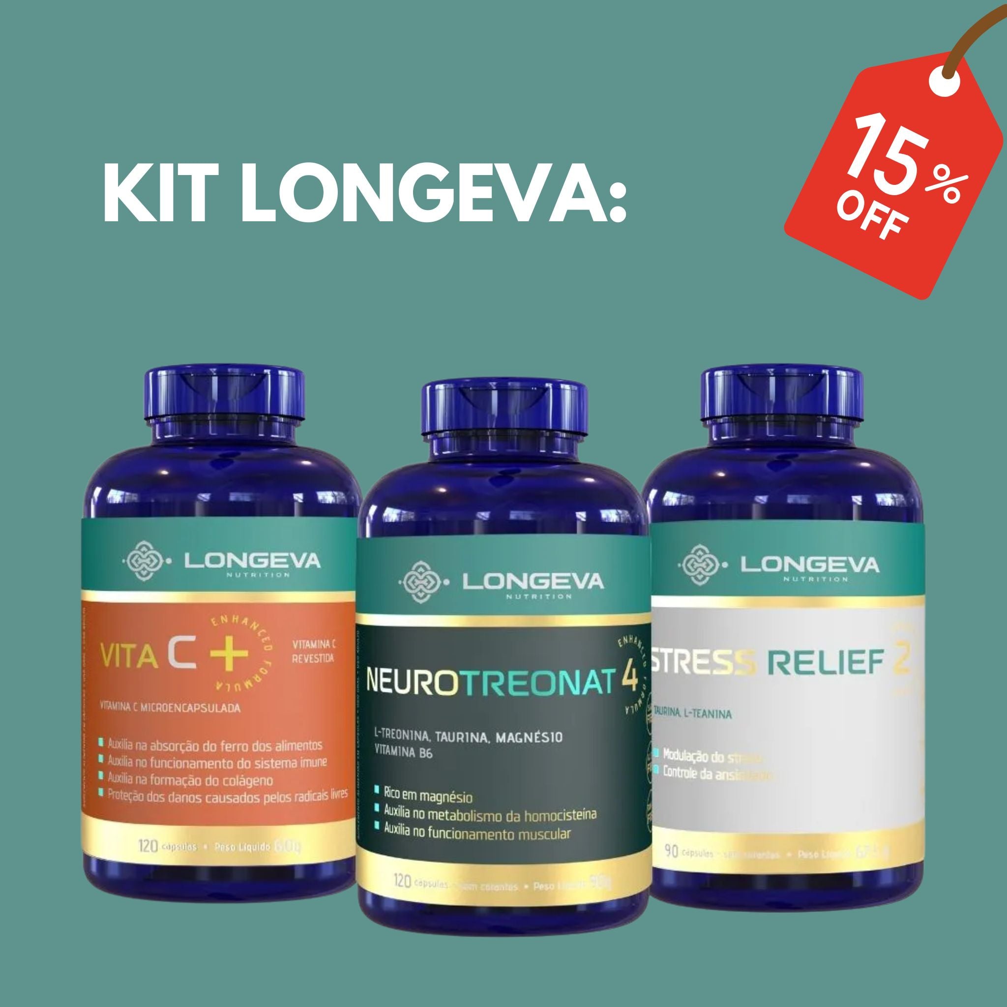 Kit Longeva: 1 Vitamina C Micronizada + 1 Neuro Treonat + 1 Stress Relief