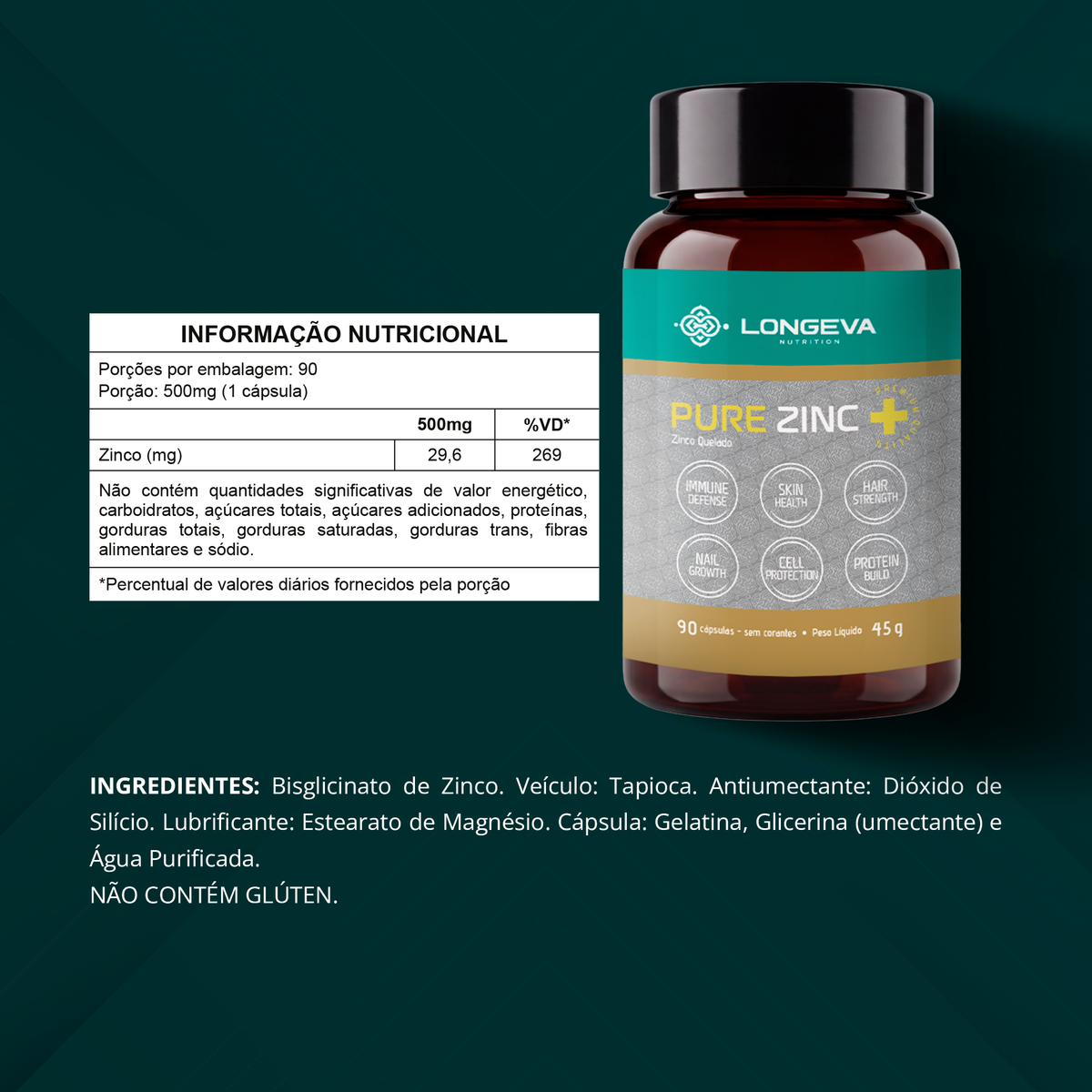 LONGEVA | Pure Zinco Quelado (90 Cápsulas)