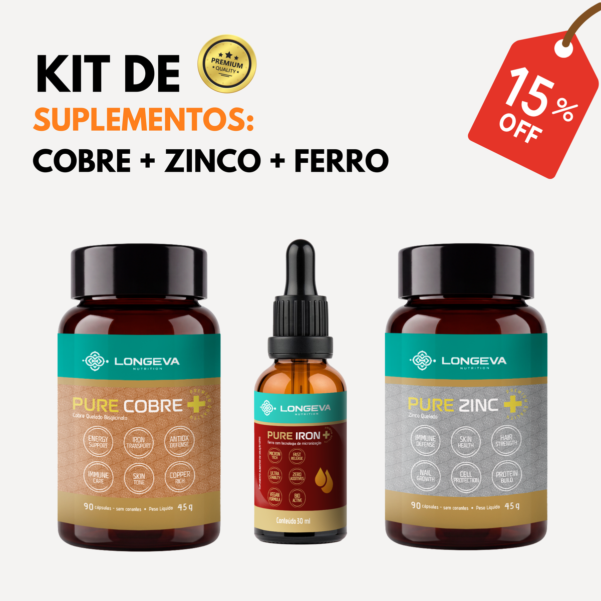 Kit Longeva com Ferro, Zinco e Cobre