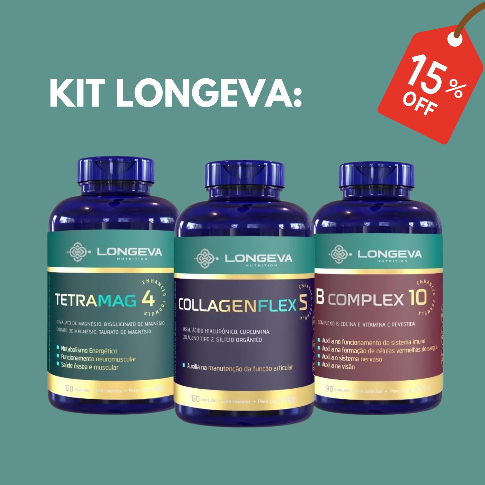 KIT Longeva: 1 Collagen Flex 5 em 1 + 1 Tetra Mag 4 em 1 + B Complex 10 em 1