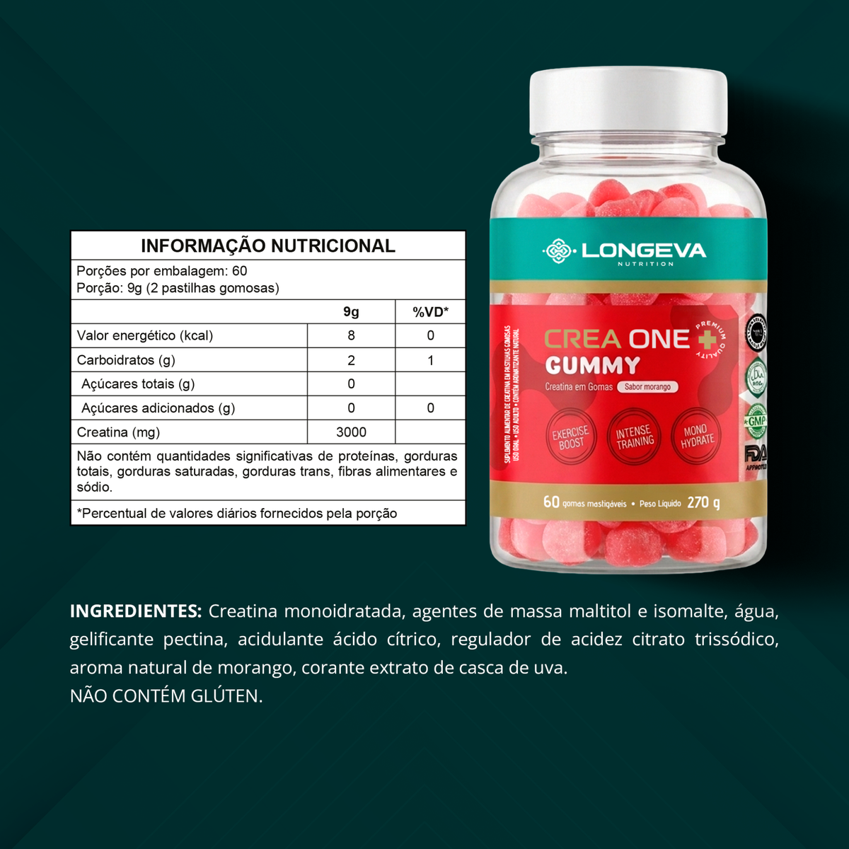 LONGEVA | Gummy Creatina Sabor Morango (60 Gomas)
