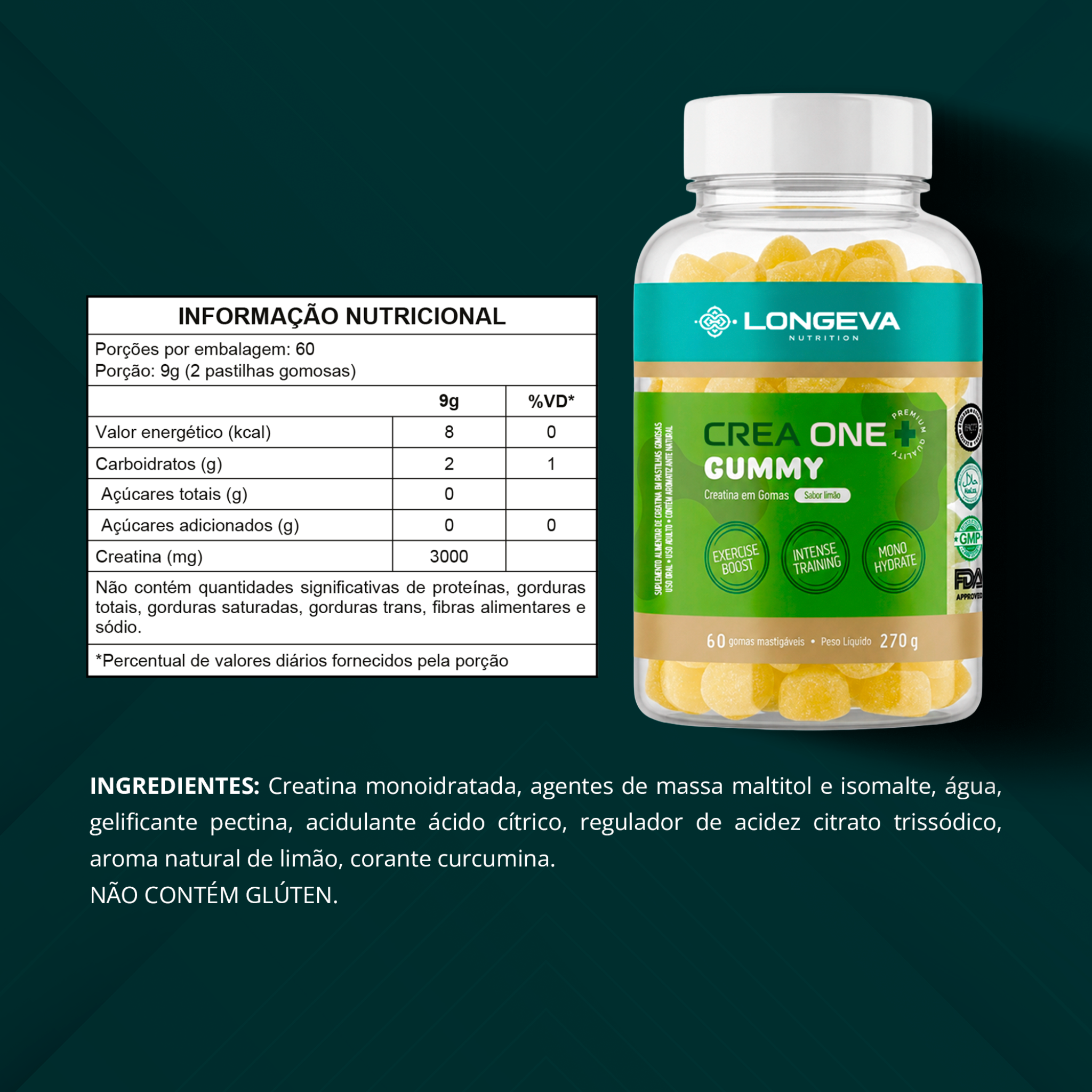 LONGEVA | Gummy Creatina Sabor Limão (60 Gomas)