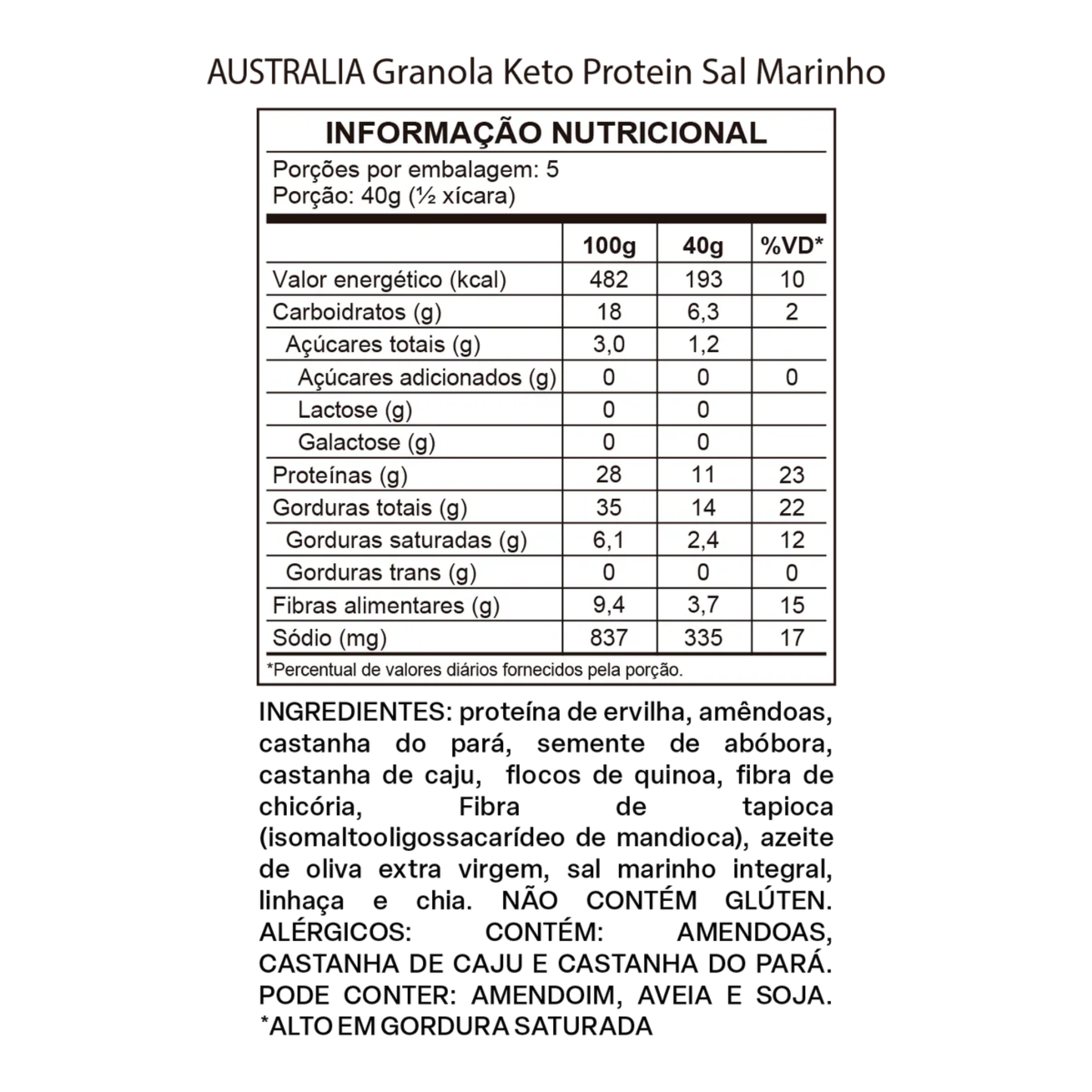 HARTS | AUSTRÁLIA Granola Keto Protein Low Carb Sal Marinho (200 Gramas)