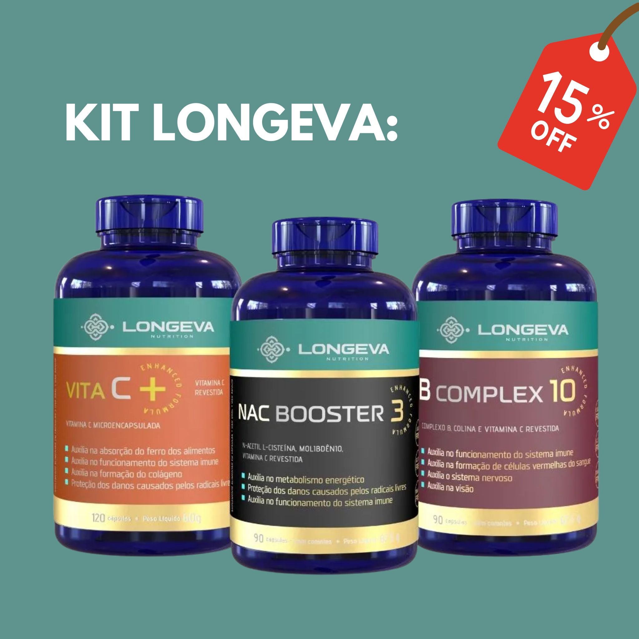 KIT Longeva - 1 NAC Booster + 1 Complexo B + Vitamina C Micronizada