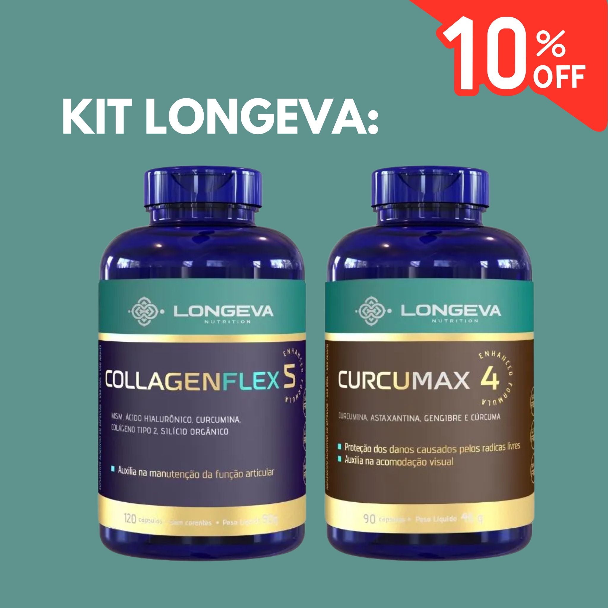 Kit Longeva: 1 Curcumax + 1 Collagen Flex - Controle de Inflamações e Articulações