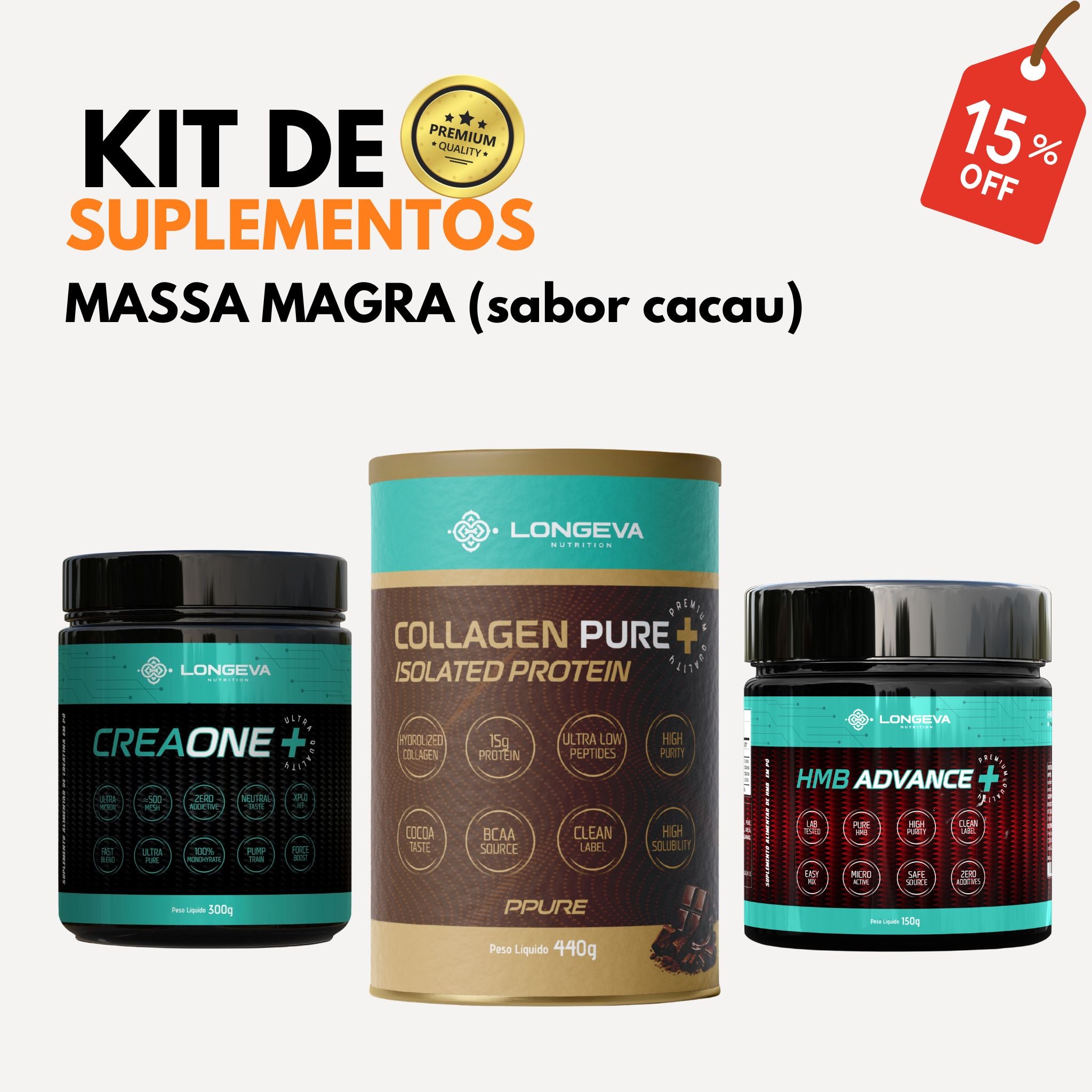Kit Massa Muscular Magra 40+ (Cacau) - Receba Brinde: Caneca de Inox