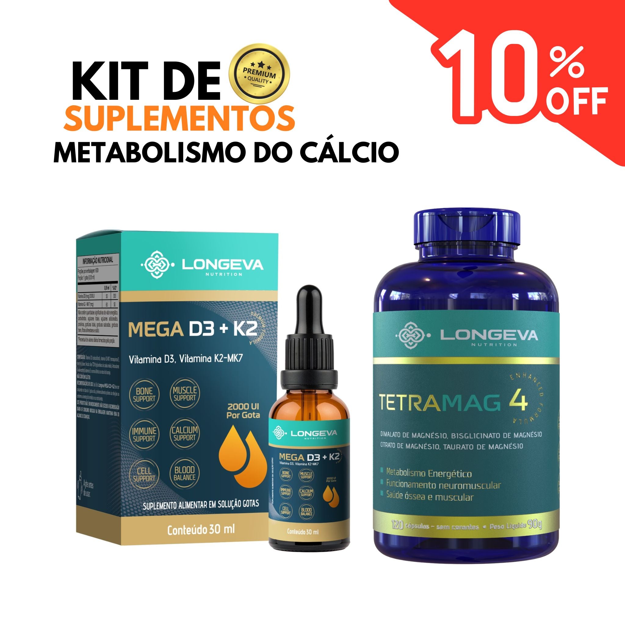 Kit de Suplementos Metabolismo do Cálcio - Sinergia Magnésio + D3 + K2