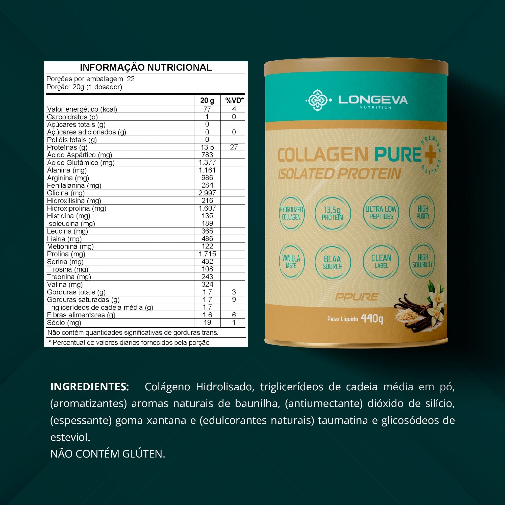 LONGEVA | Collagen Pure em Peptídeos Sabor Baunilha (440 Gramas) - Proteína de Colágeno