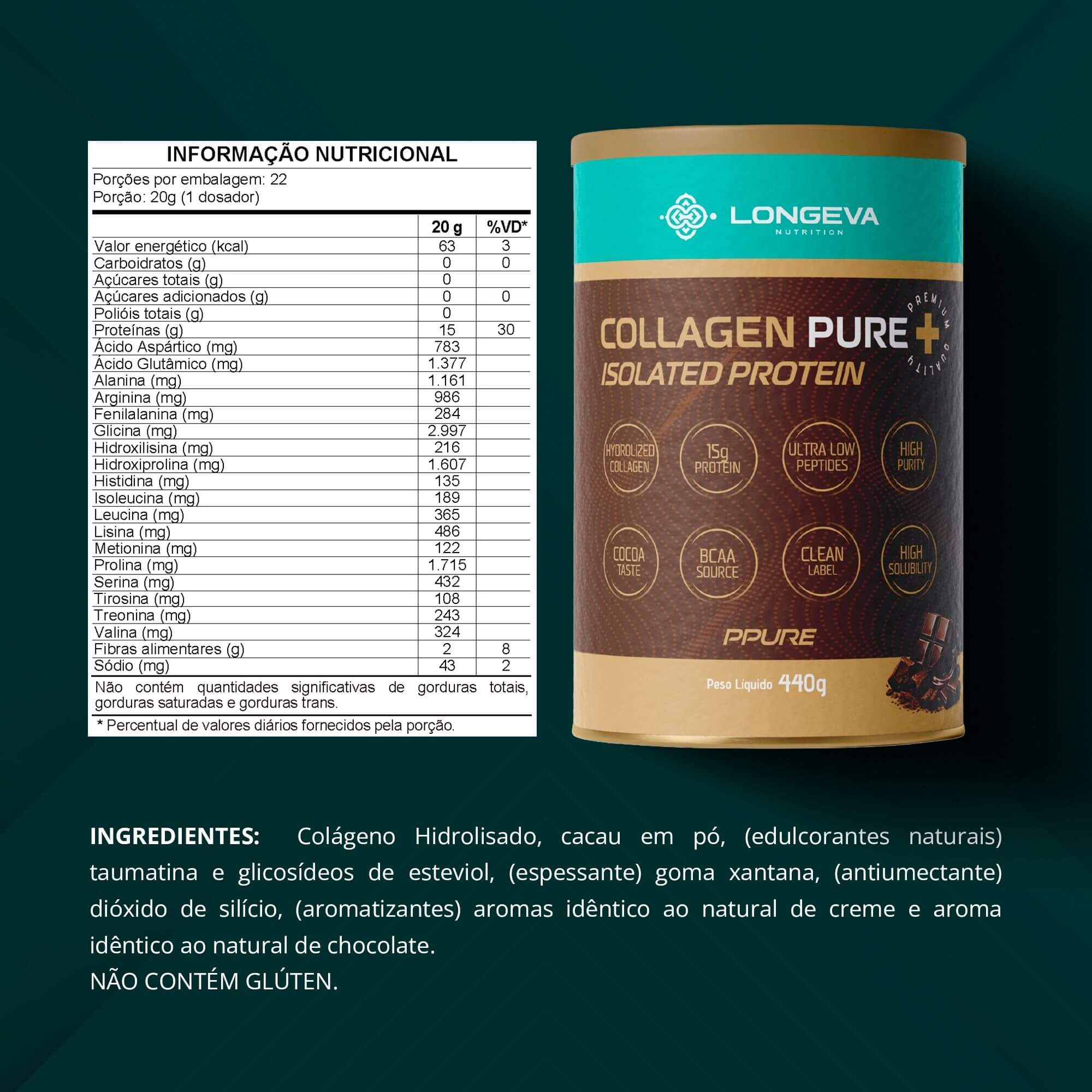 LONGEVA | Collagen Pure em Peptídeos Sabor Cacau (440 Gramas) - Proteína de Colágeno
