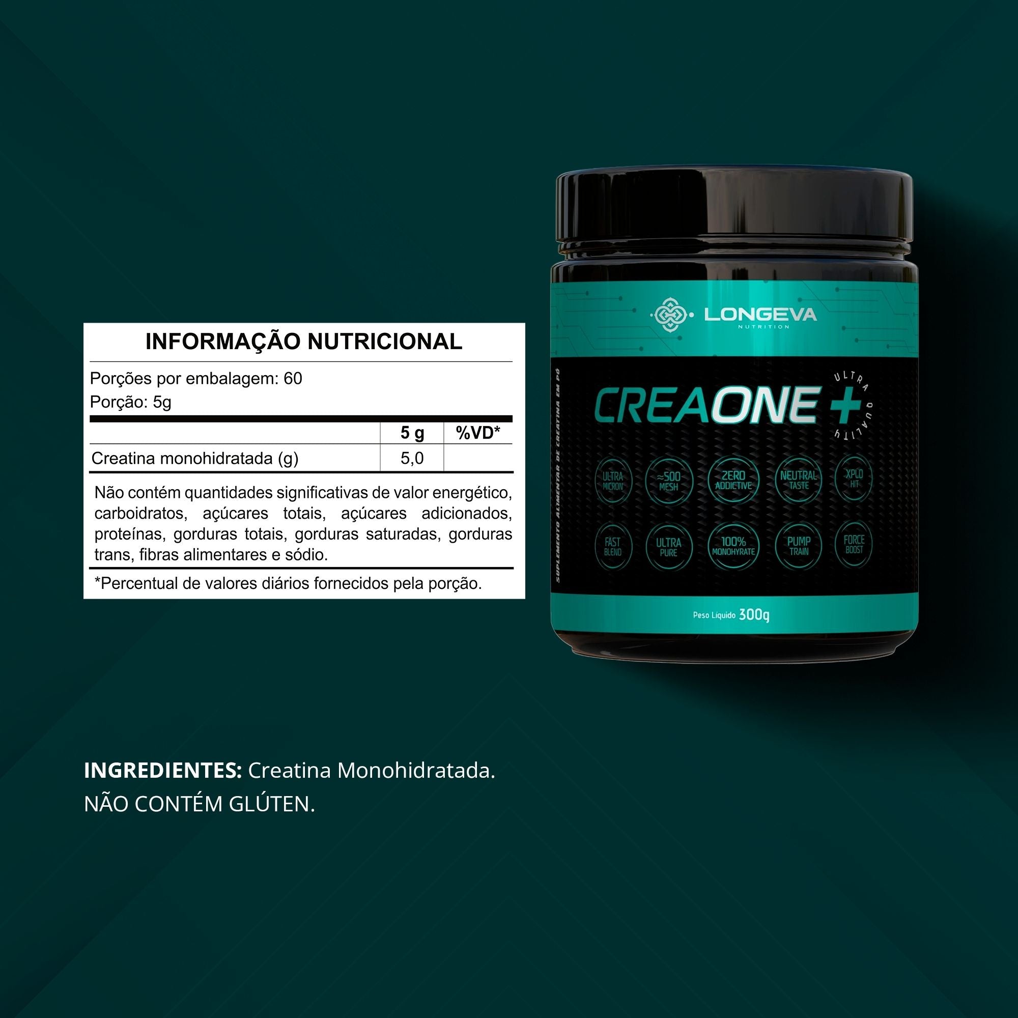 LONGEVA | Creatina Monohidratada e Micronizada CreaOne+ (300 Gramas)