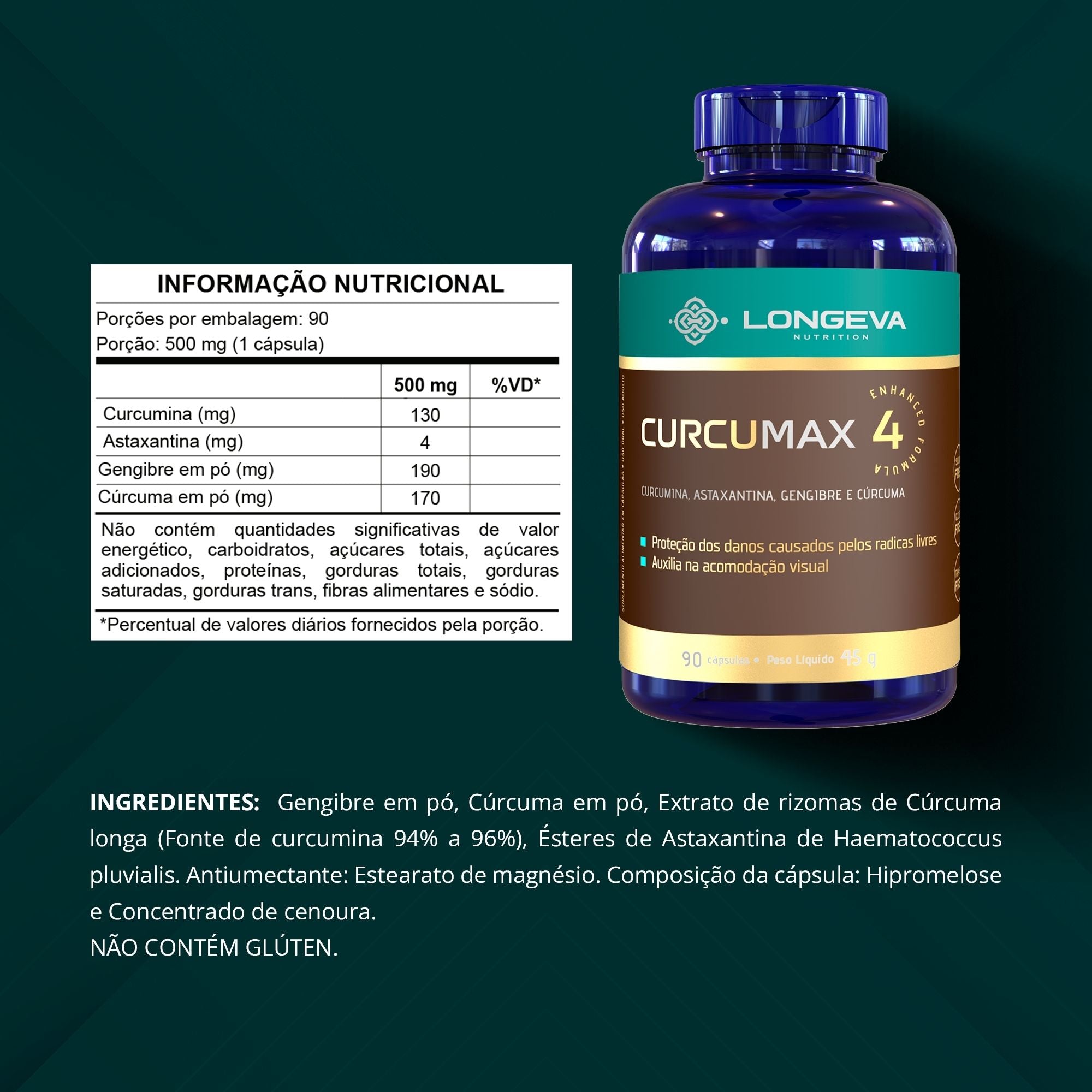 LONGEVA | Curcumax - Curcumina com Astaxantina - Anti-Inflamatório e Antioxidante - Rende 3 meses de uso