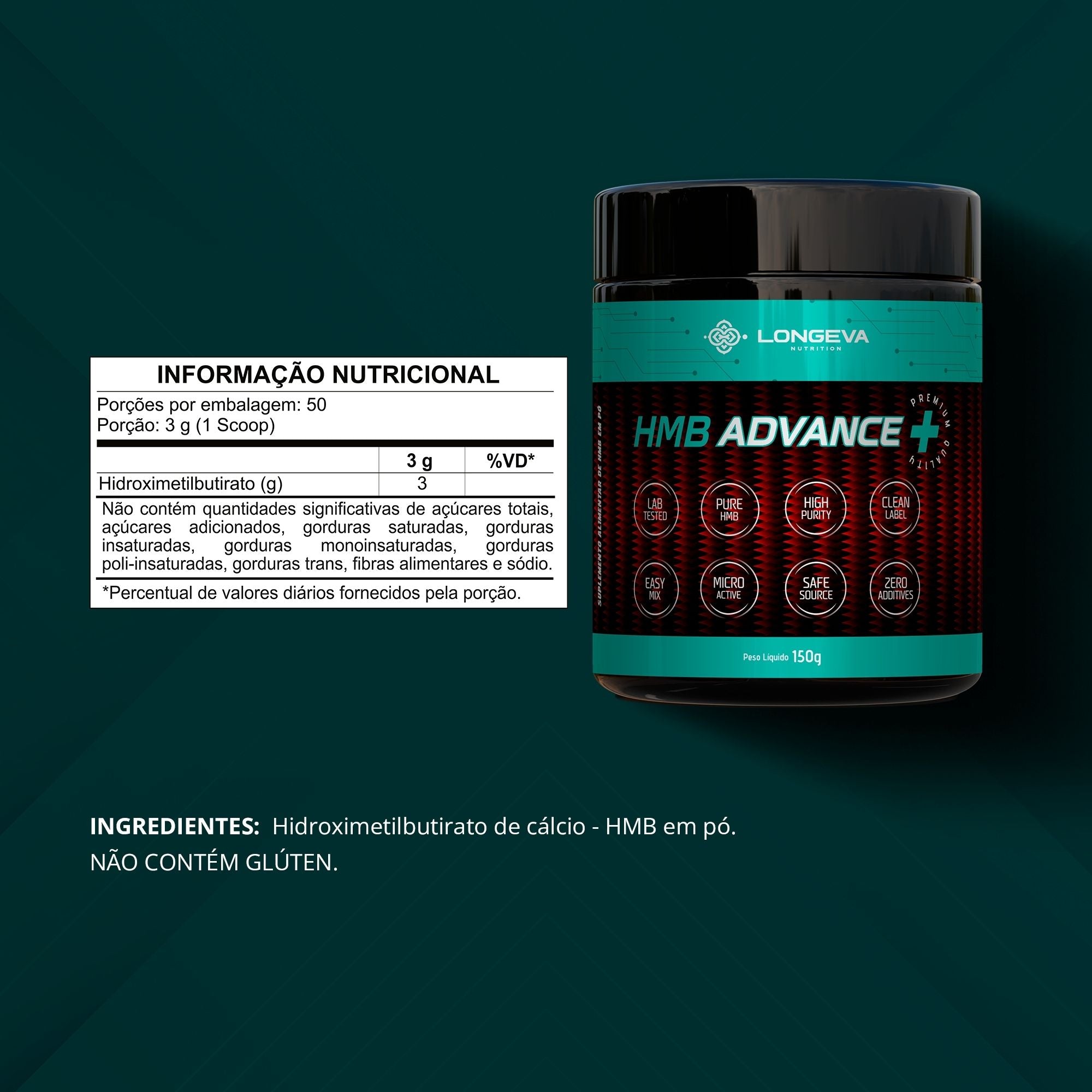 LONGEVA | HMB Advance Sem Sabor com 50 Doses (150 Gramas) - Manutenção da Massa Muscular