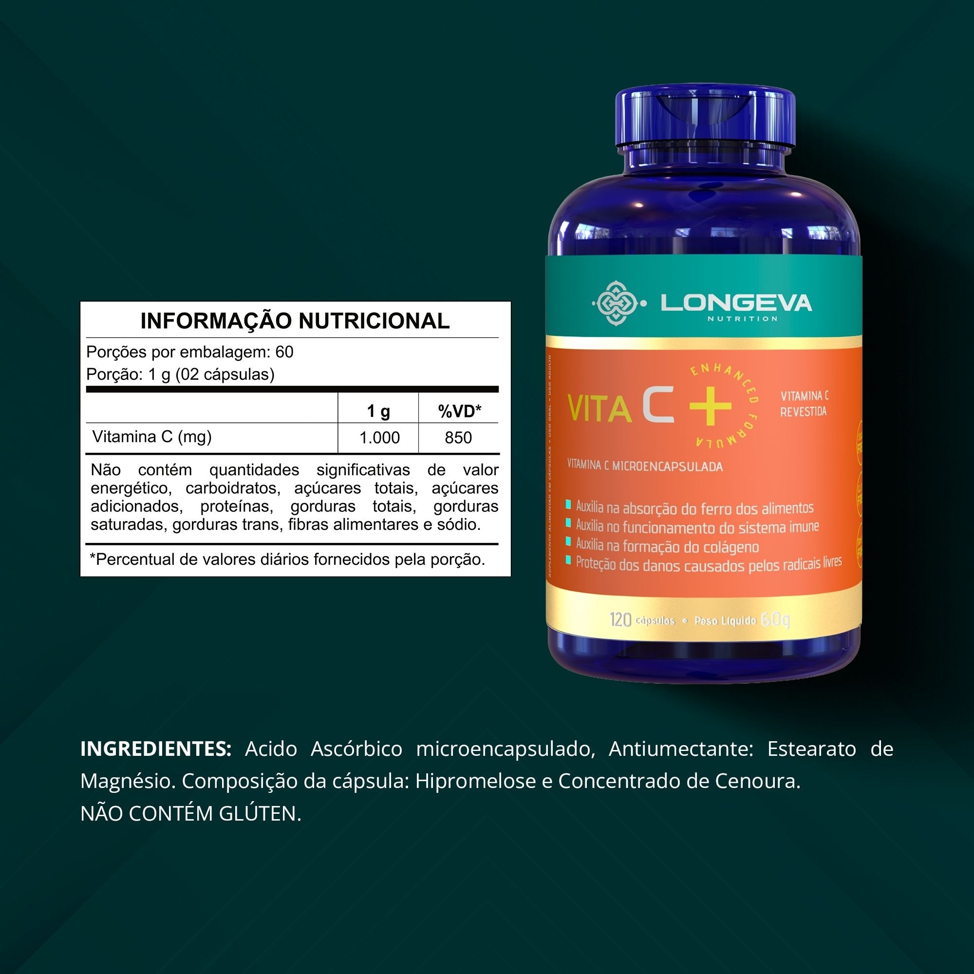 LONGEVA | Vitamina C Micronizada e Microencapsulada (120 Cápsulas) - Rende 2 meses de uso