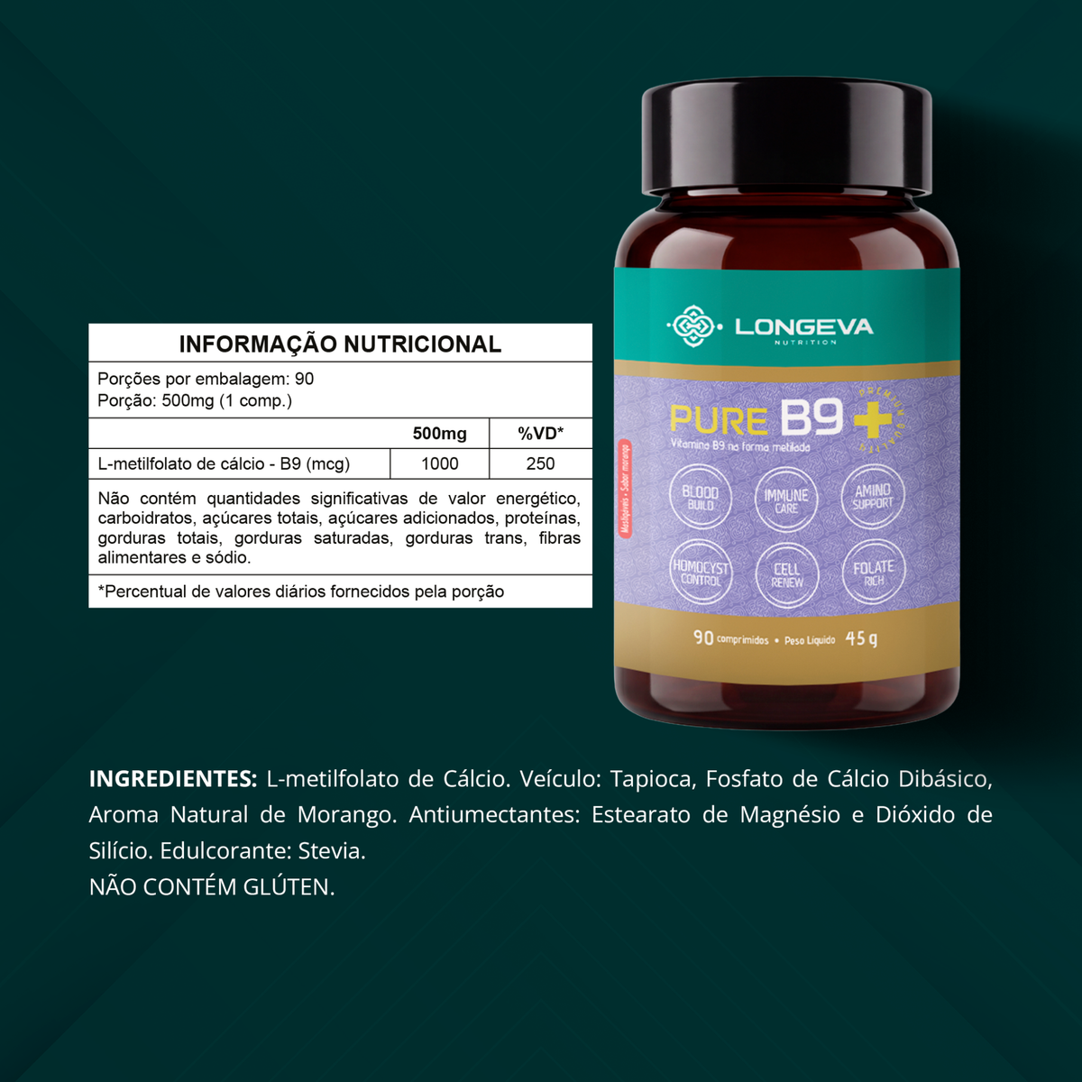 LONGEVA | Pure B9 - Ácido Fólico Metilado (90 Comprimidos Mastigáveis)