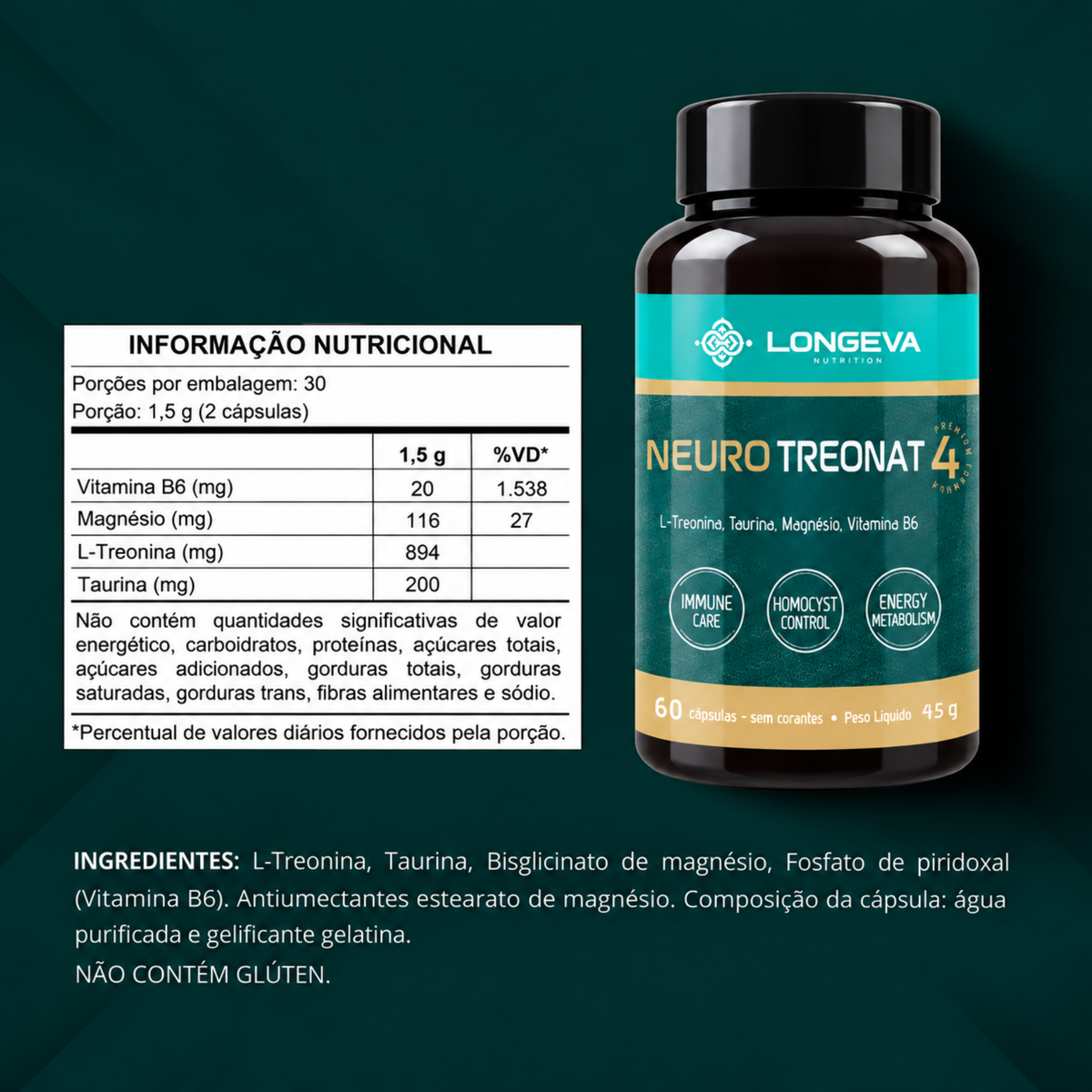 LONGEVA | Neuro Treonat - Magnésio para Sono e Saúde Cerebral (60 Cápsulas)