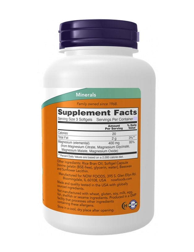 NOW FOODS | Trio de Magnésio Citrato, Glicina e Malato (90 cápsulas Softgel)