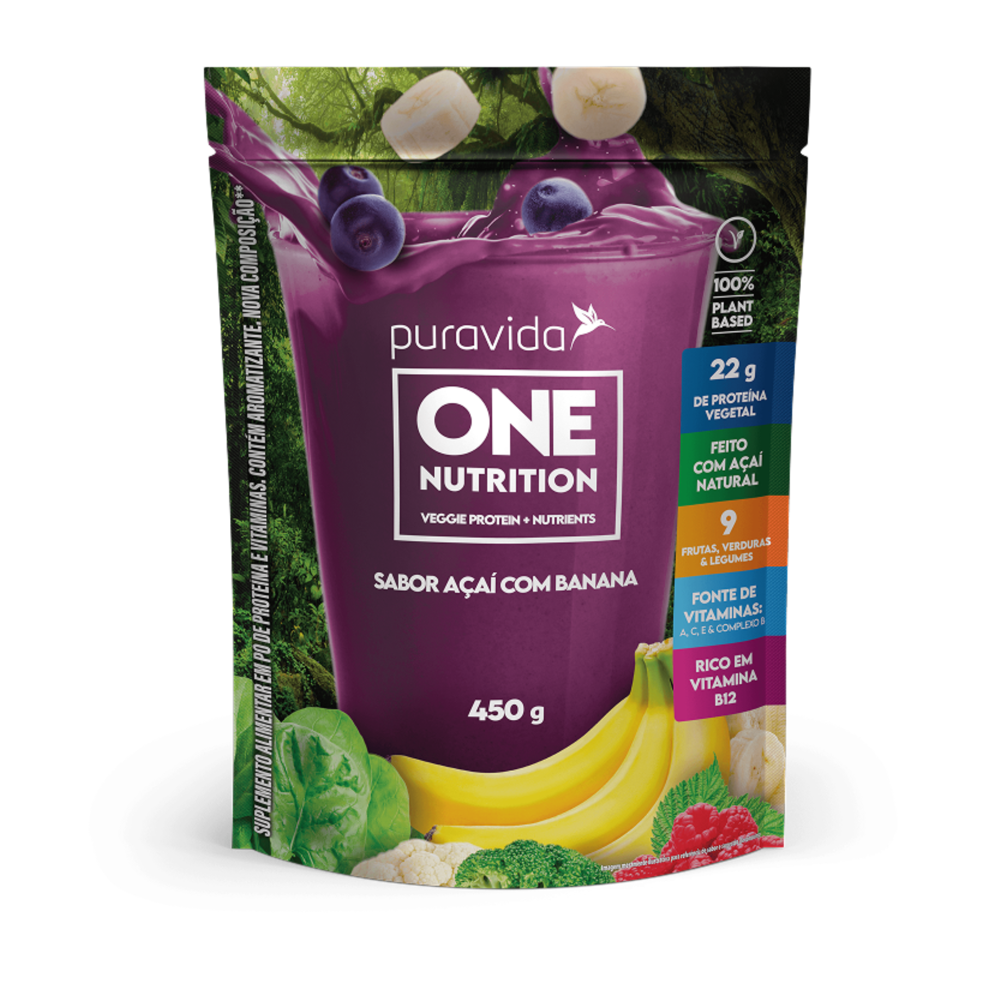 PURAVIDA | One Vegan Sabor Açaí com Banana (450 Gramas)
