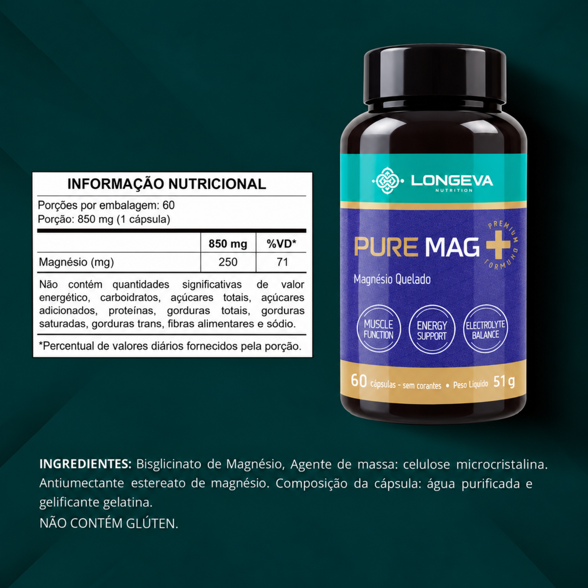 LONGEVA | Magnésio Quelado de Alta Concentração (60 Cápsulas)