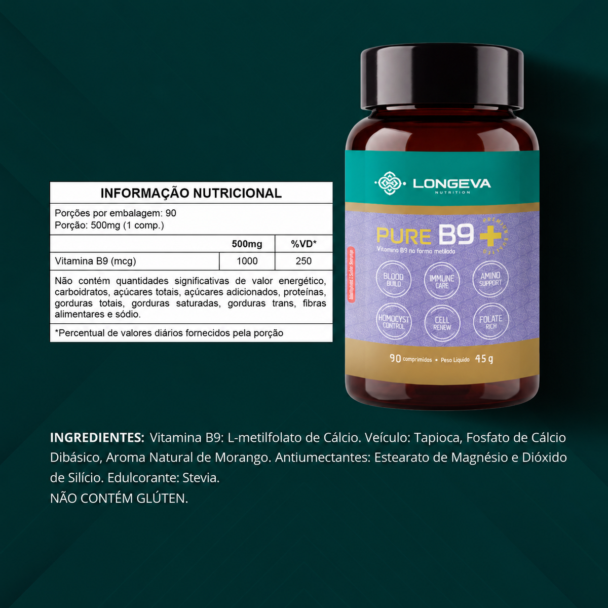 LONGEVA | Pure B9 - Metilfolato (90 Comprimidos Mastigáveis)