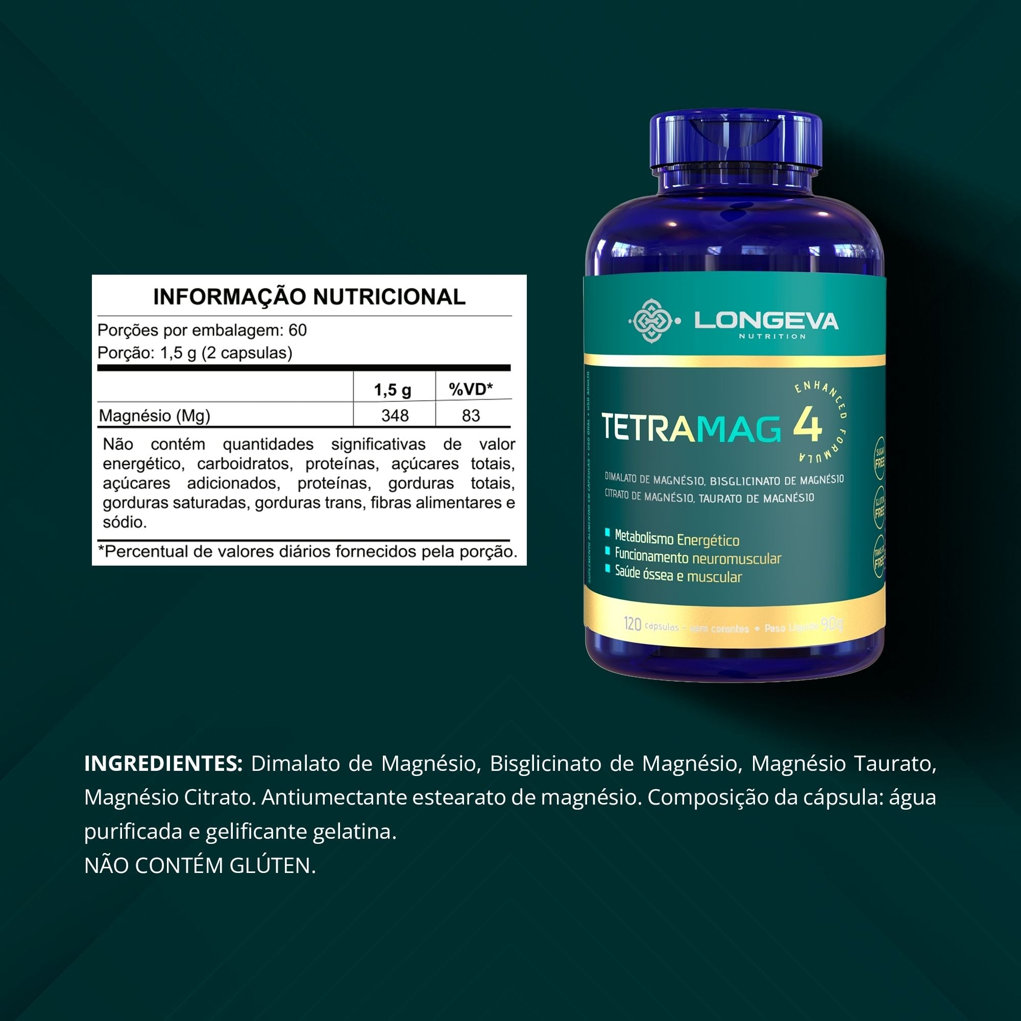 LONGEVA | Tetra Magnésio 4 em 1 - Fórmula Completa e Biodisponível (120 Cápsulas) - Rende 2 meses de uso