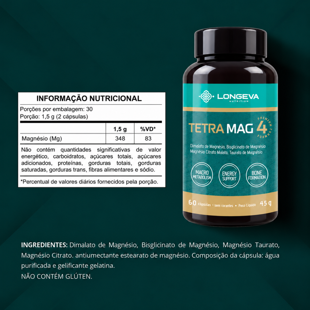 LONGEVA | Tetra Magnésio 4 em 1 - Fórmula Completa e Biodisponível (60 Cápsulas)
